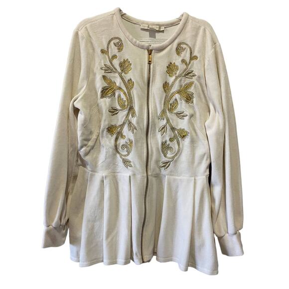 Boston Proper Cream Zip up Embroidery Velour Sweater Size M - Picture 1 of 7